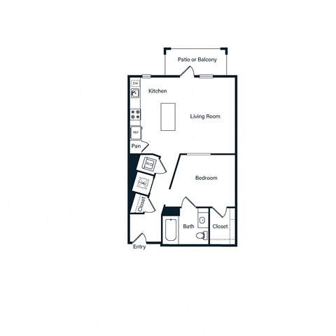 Floor plan for studio, 1 bath, 637 sqft